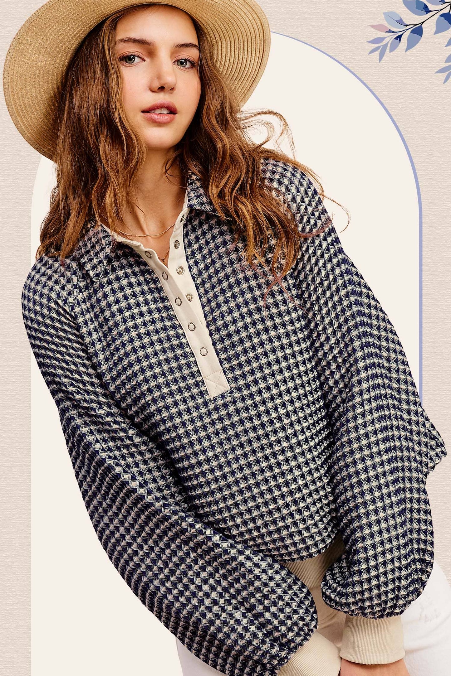 Two Tone Textured Snap Button Front Top