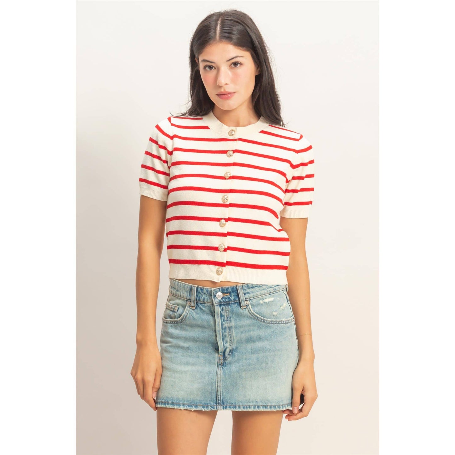 Striped Short Sleeve Button Up Cardigan