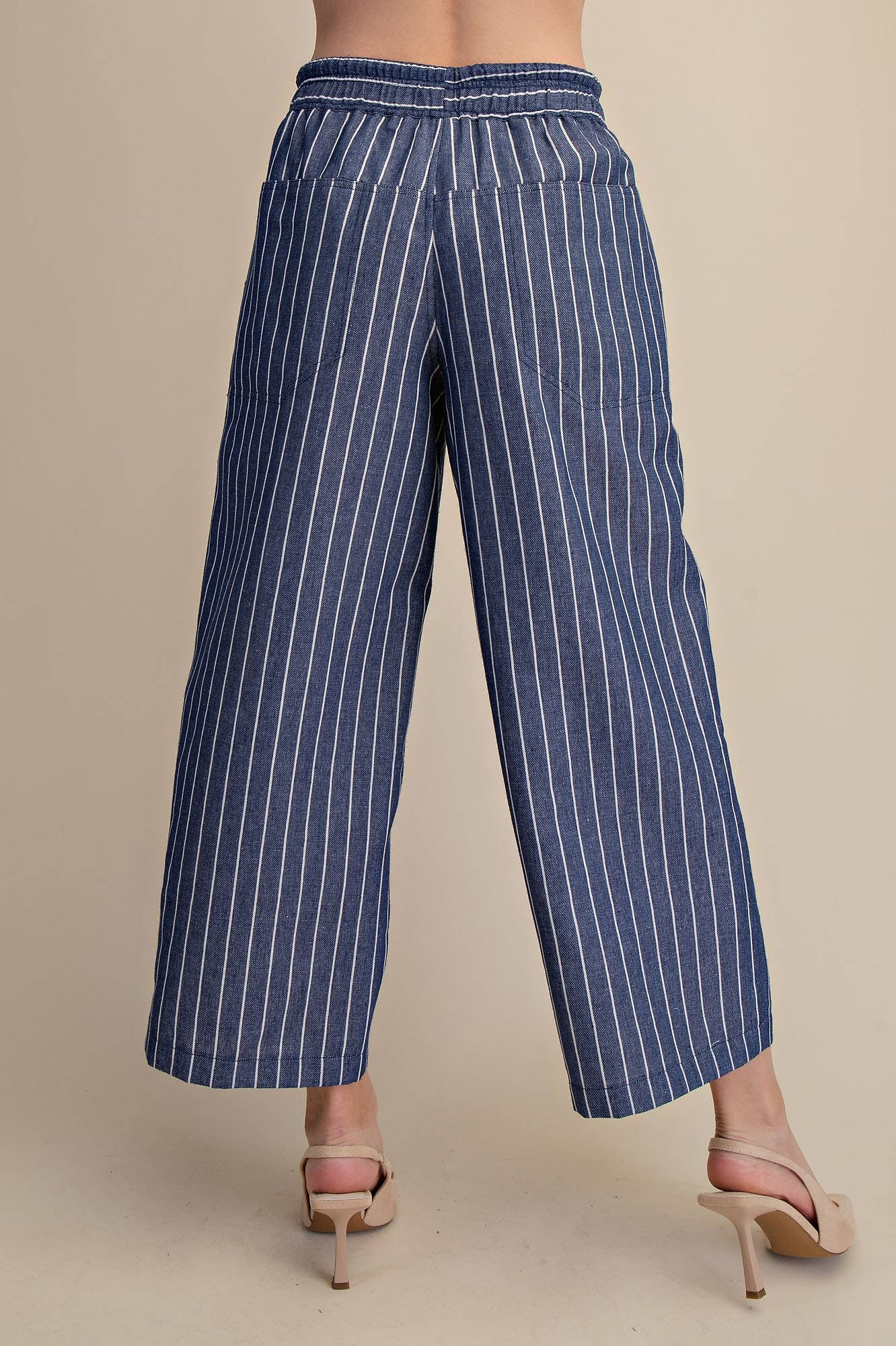 Drawstring Mid-Rise Stripe Wide Pants