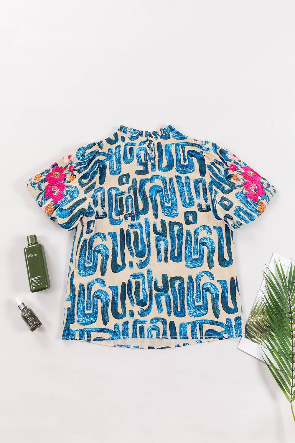 Embroidered Puff Sleeve Frilled Neck Printed Top