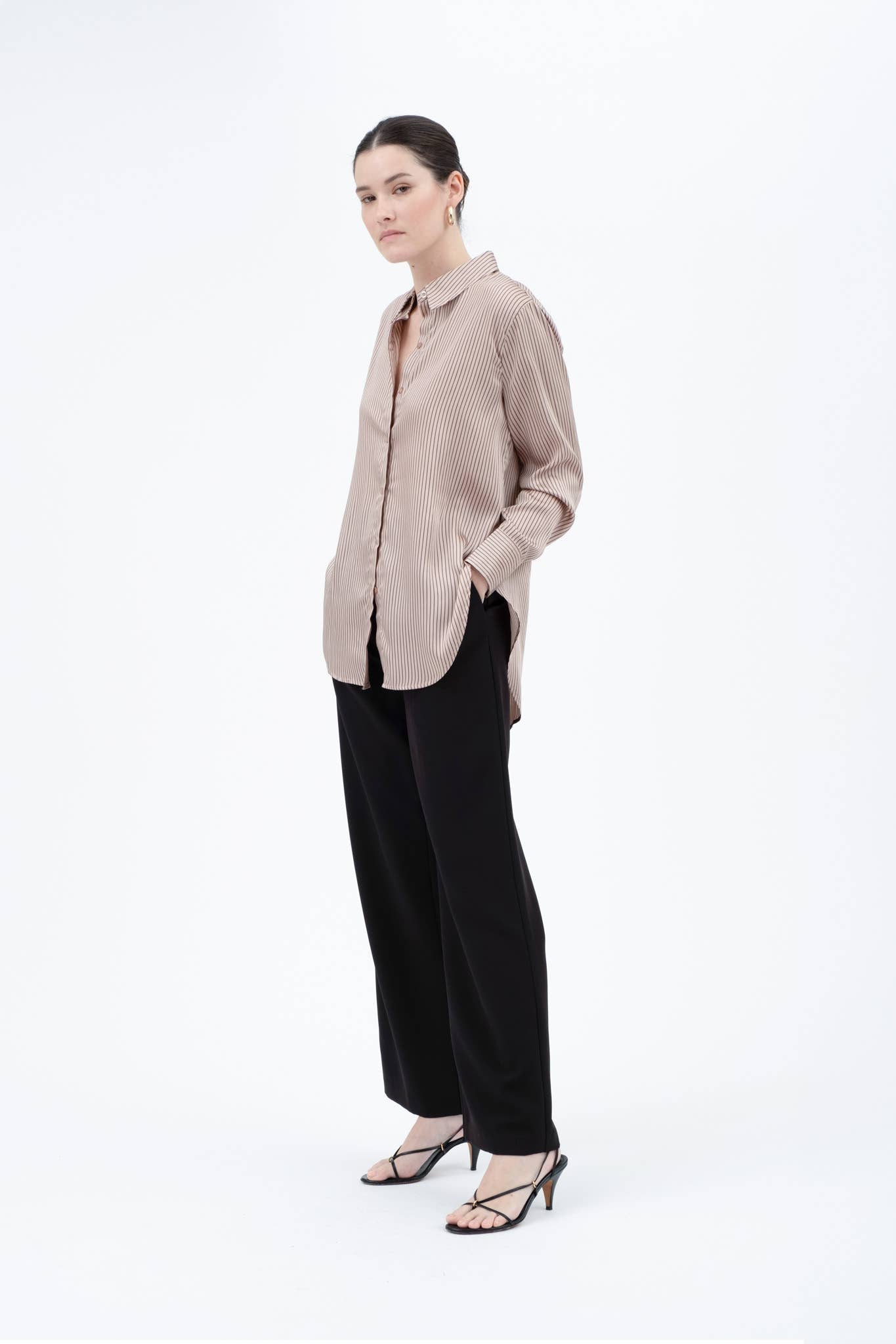 PINSTRIPE BUTTON DOWN LONG SLEEVE SATIN BLOUSE