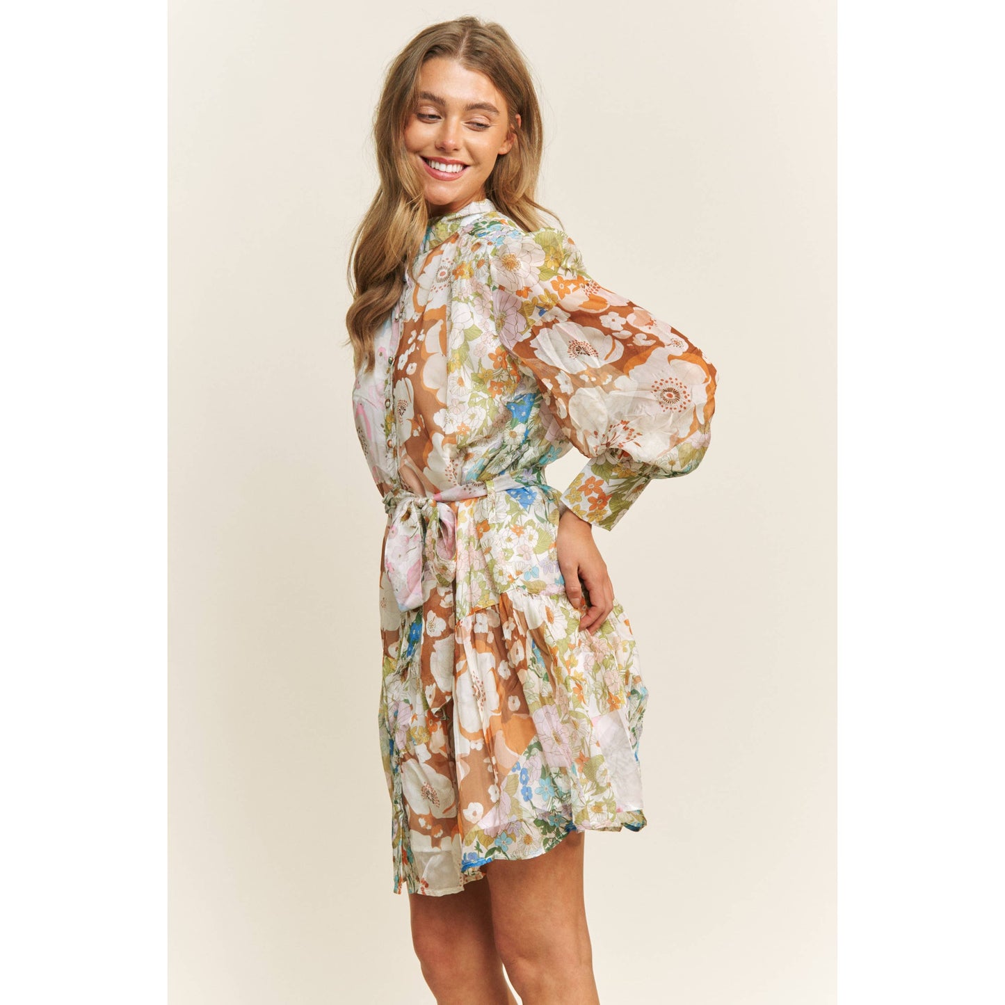 CHIFFONE FLORAL PRINT MINI SHIRT DRESS