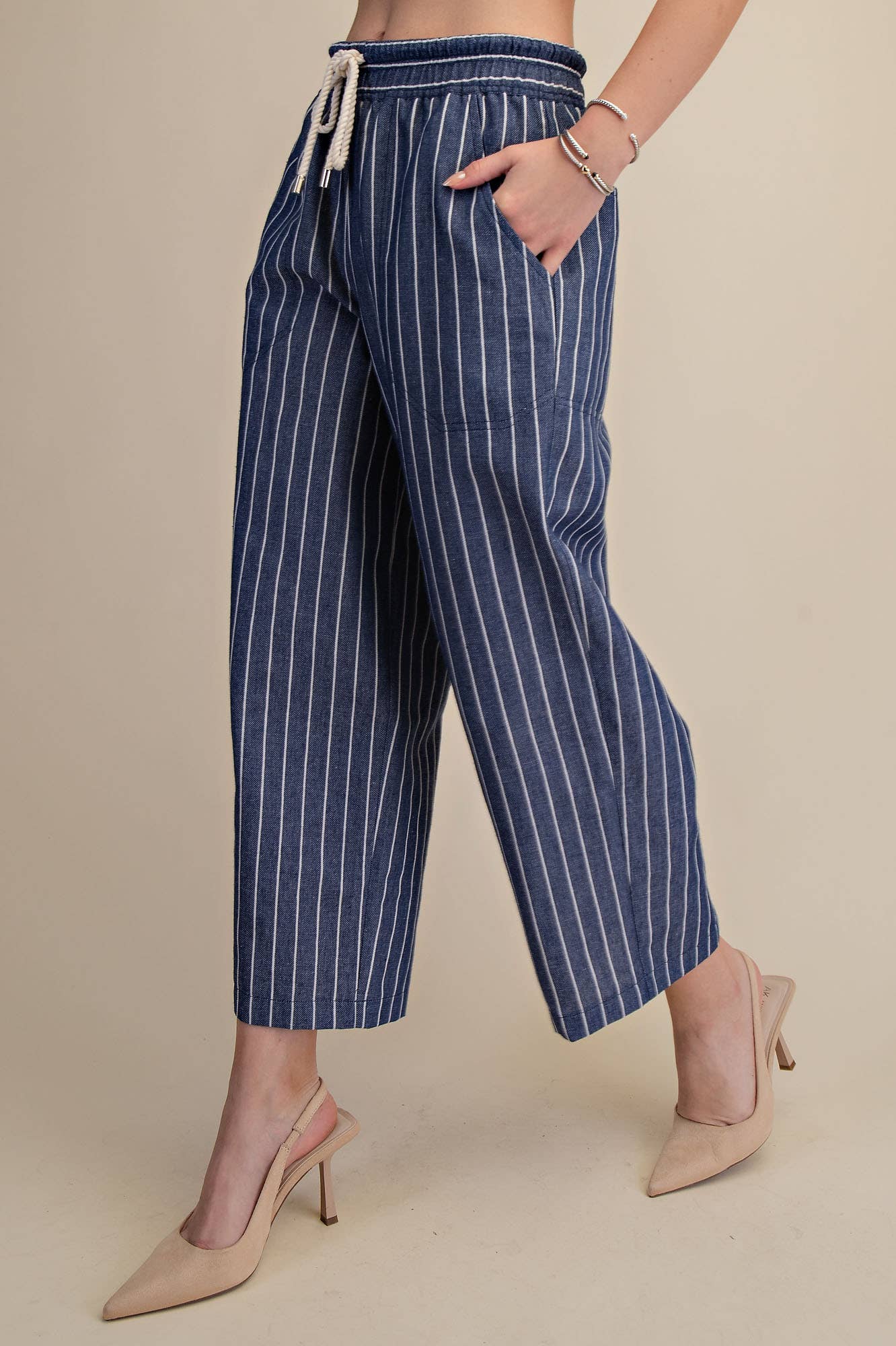 Drawstring Mid-Rise Stripe Wide Pants