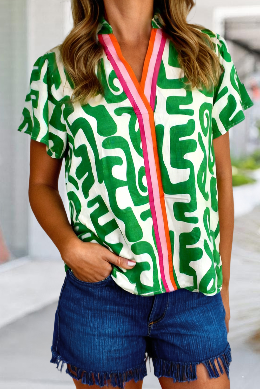 Abstract Striped Trim V Neck Short Sleeve Blouse | S-XL