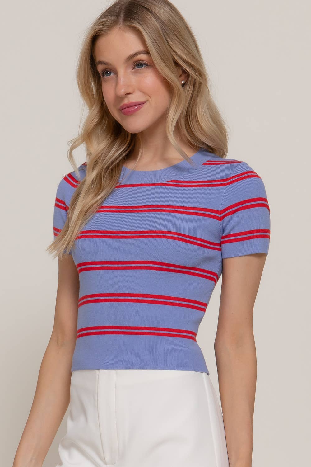 Short Sleeve Crew Neck Striped Sweater