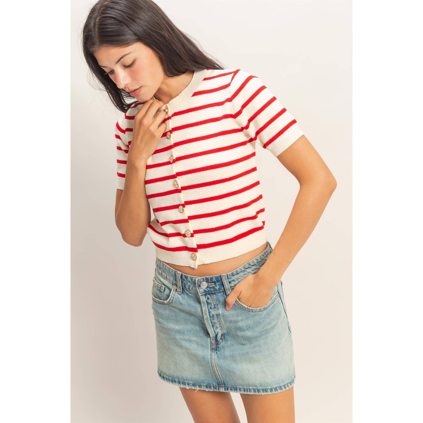 Striped Short Sleeve Button Up Cardigan