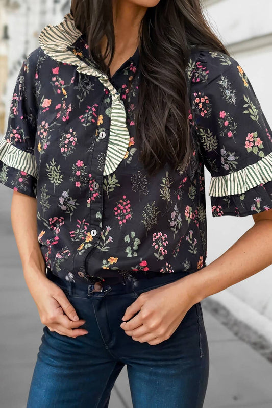 Floral Striped Frilled Trim Short Sleeve Blouse | S-XL