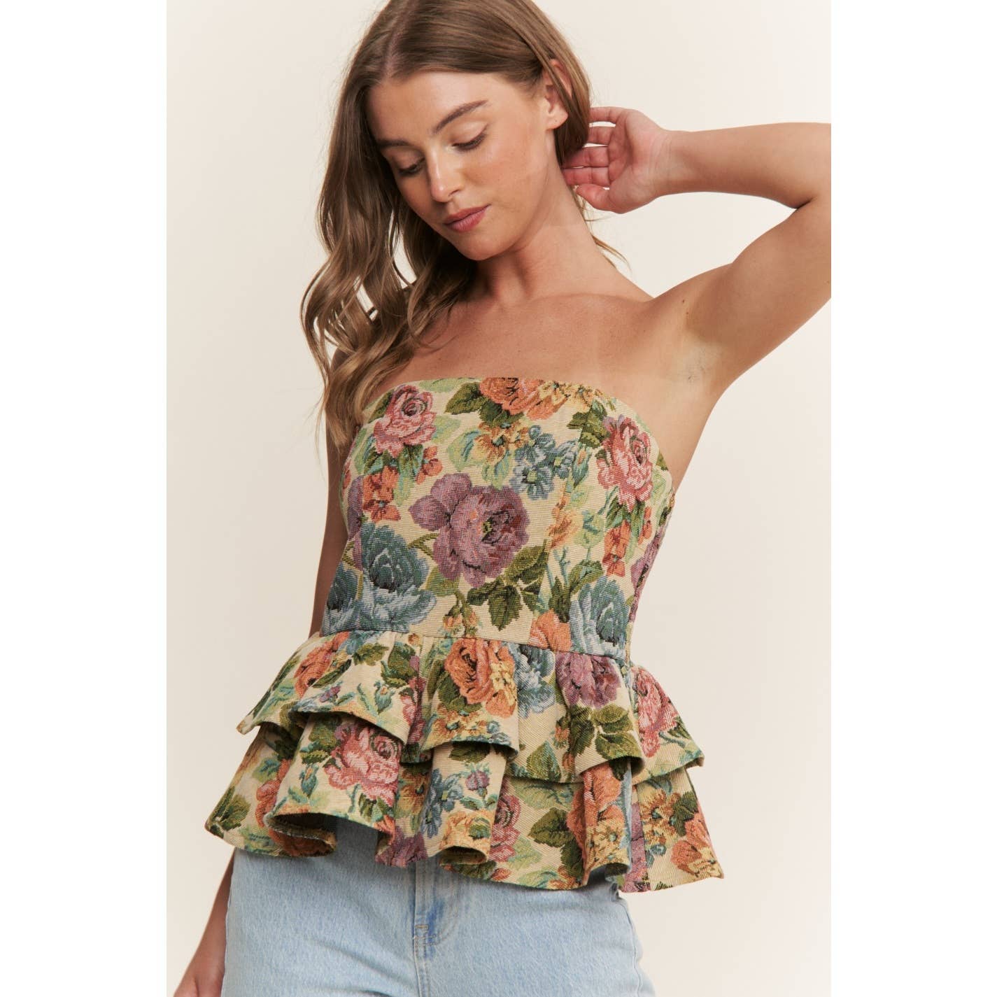 VINTAGE FLORAL PRINT WOVEN PEPLUM TIERED TUBE TOP