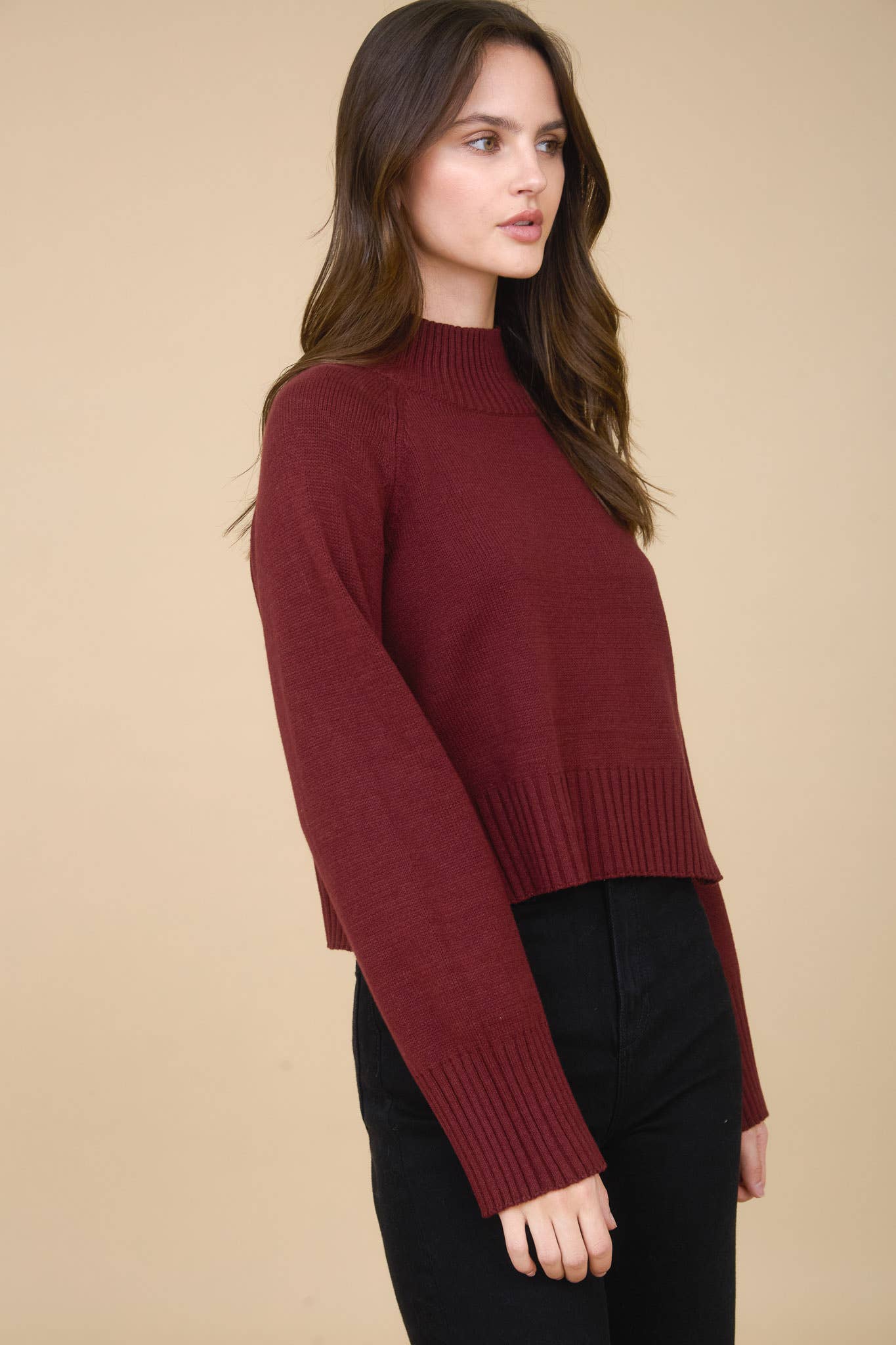 MOCK NECK LONG SLEEVE KNIT CROPPED PULLOVER
