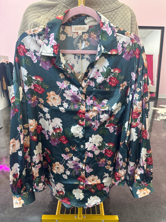 Flower Satin Oversized Button Up