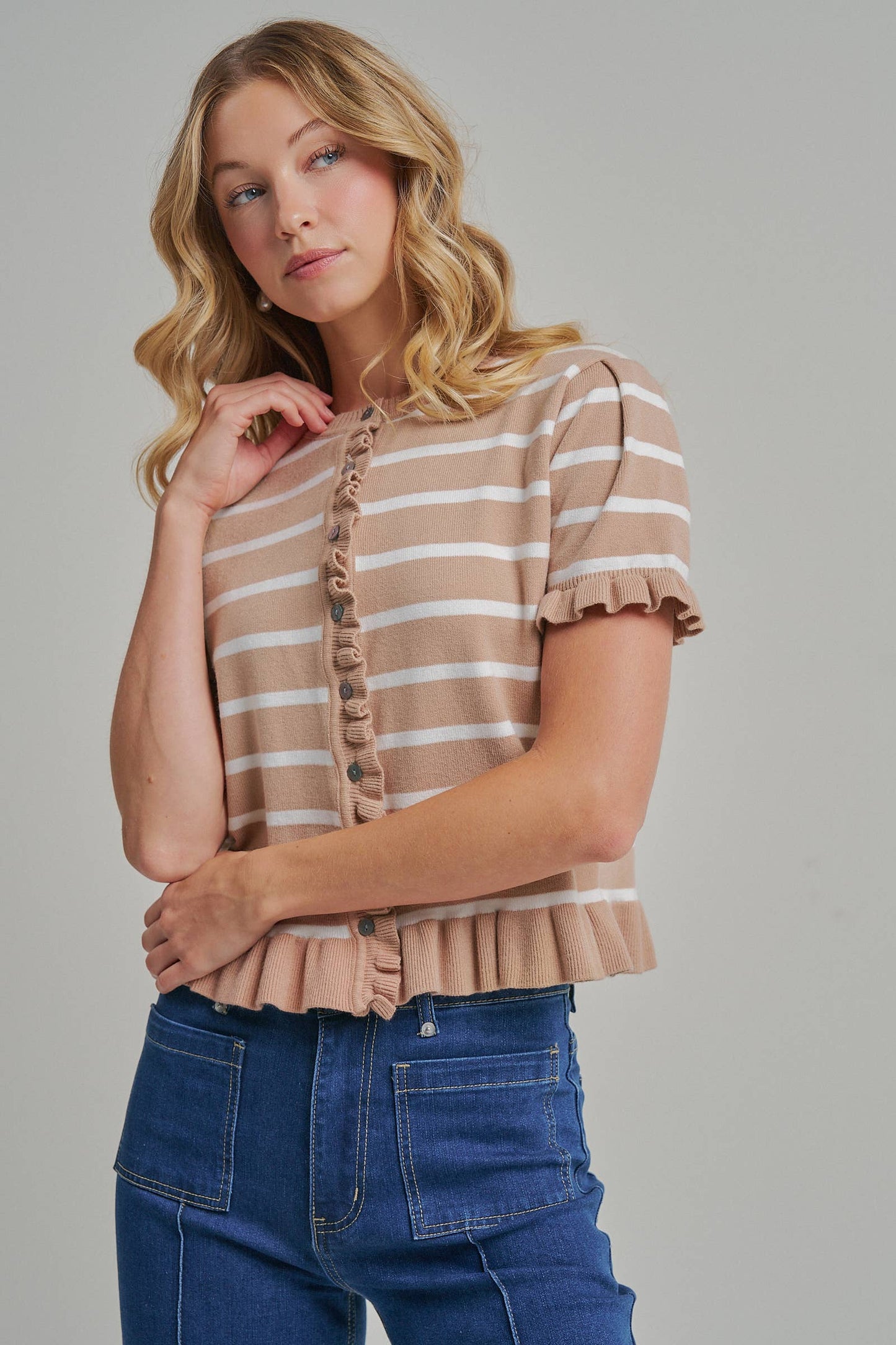 STRIPE KNITTED SWEATER BUTTON DOWN CARDIGAN TOP WITH RUFFLE