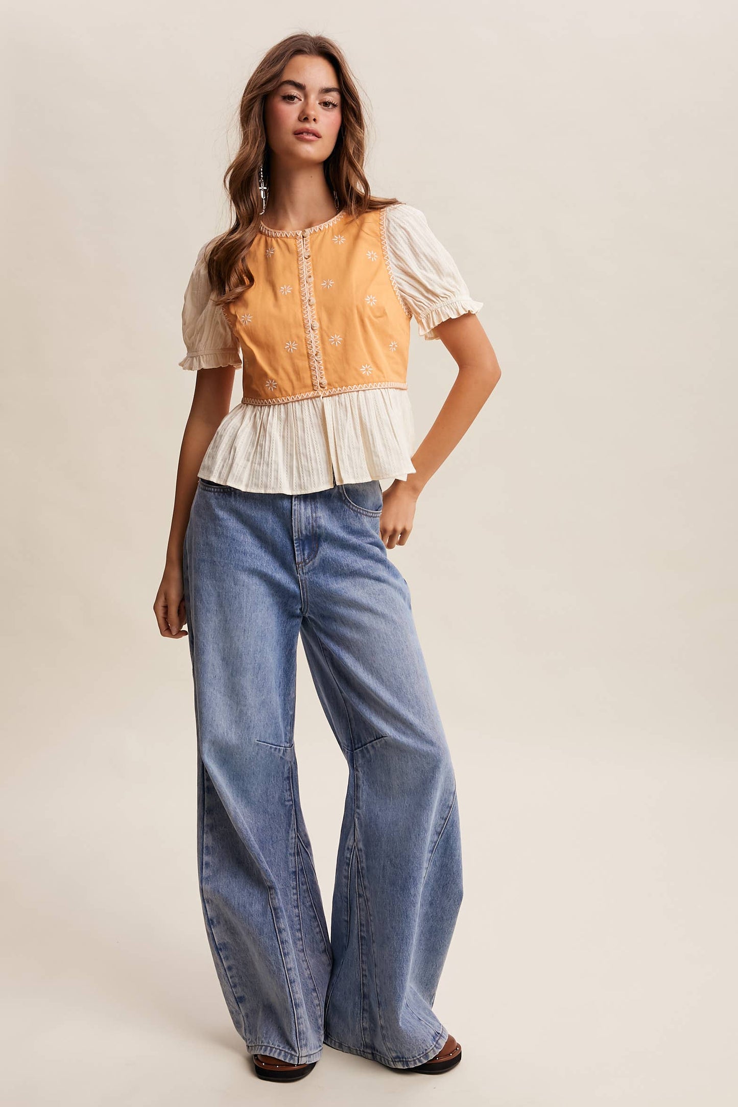 Embroidered Peplum Mixed-Media Top