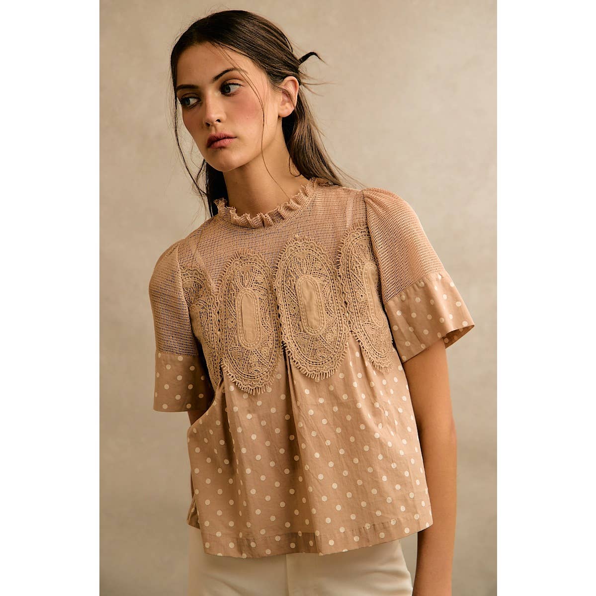POLKA DOT PRINT LACE TRIM SHORT SLEEVES COTTON BLOUSE TOP