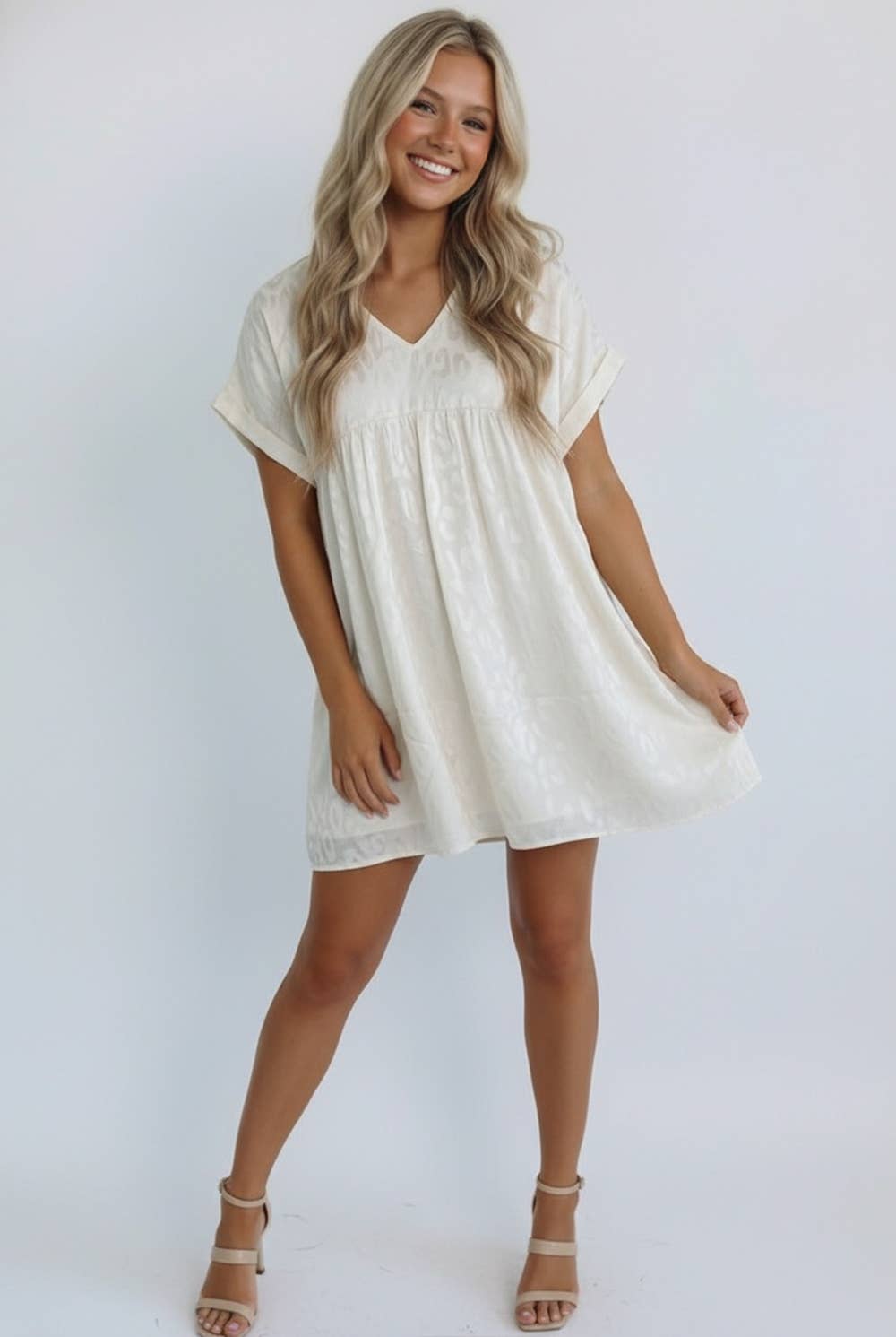 ANIMAL PRINT JACQUARD V NECK BABYDOLL DRESS