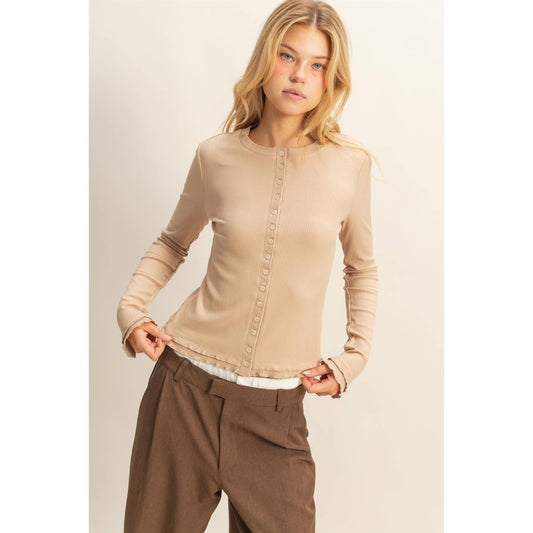 Long Sleeve Ribbed Button Down Knit Top Khaki