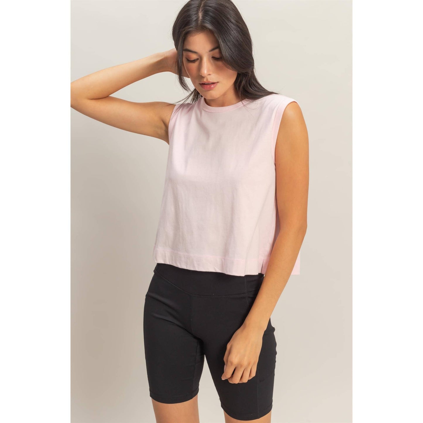 Sleeveless Crew Neck Top With Back Pleats