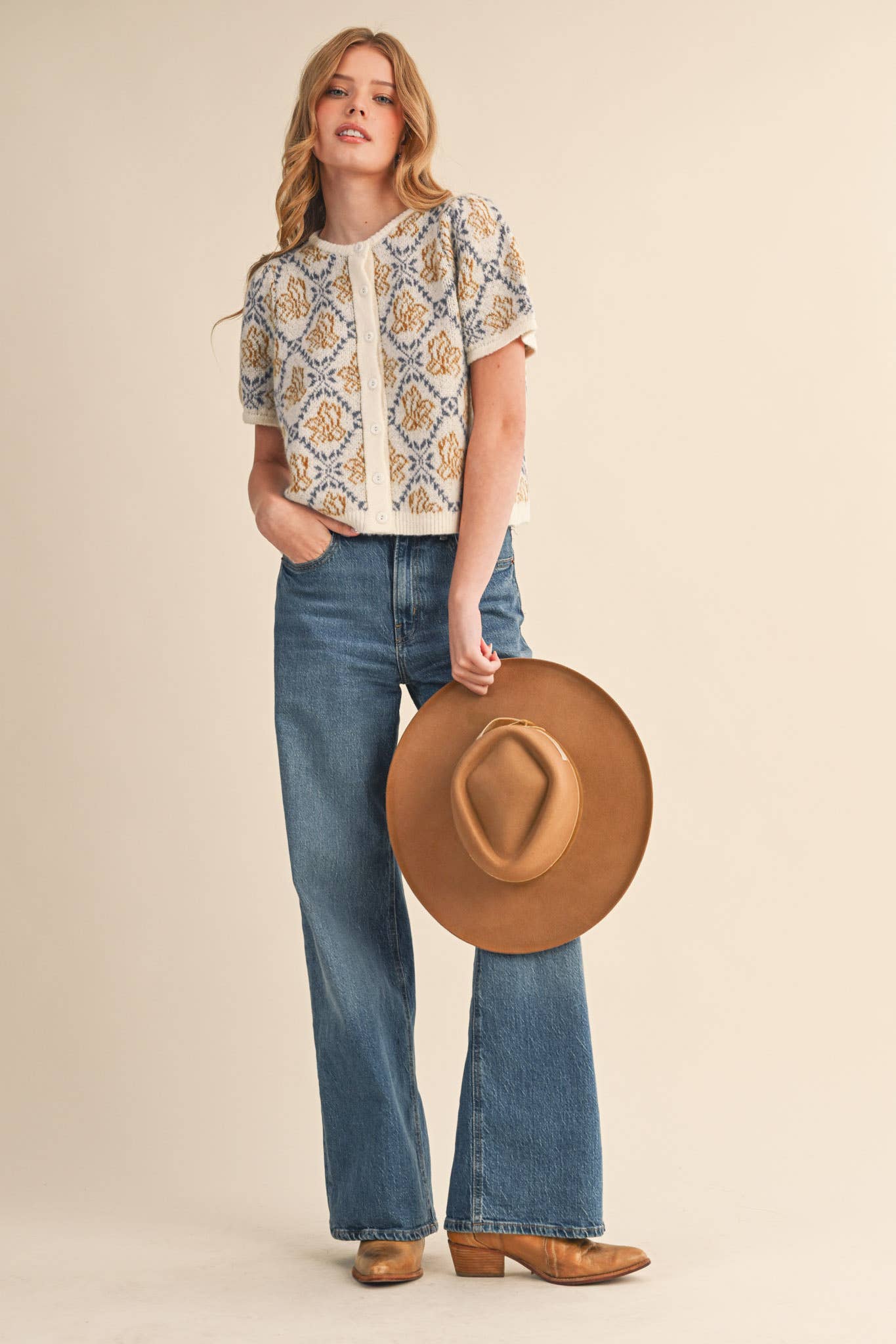 FLORAL SHORT SLEEVE SWEATER CARDIGAN Cream/Blue