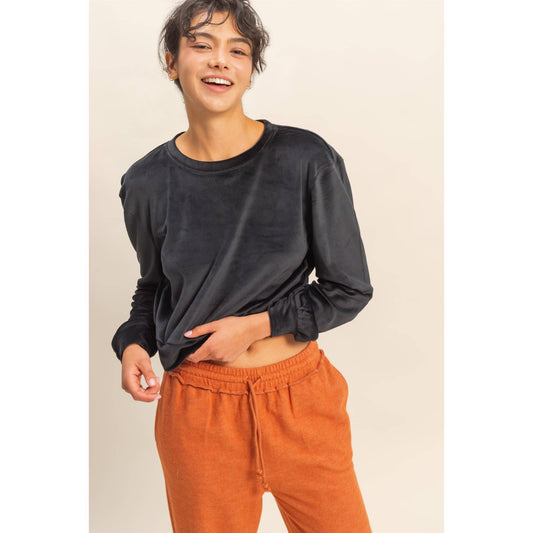 Banded Waist Velour Sweatshirt