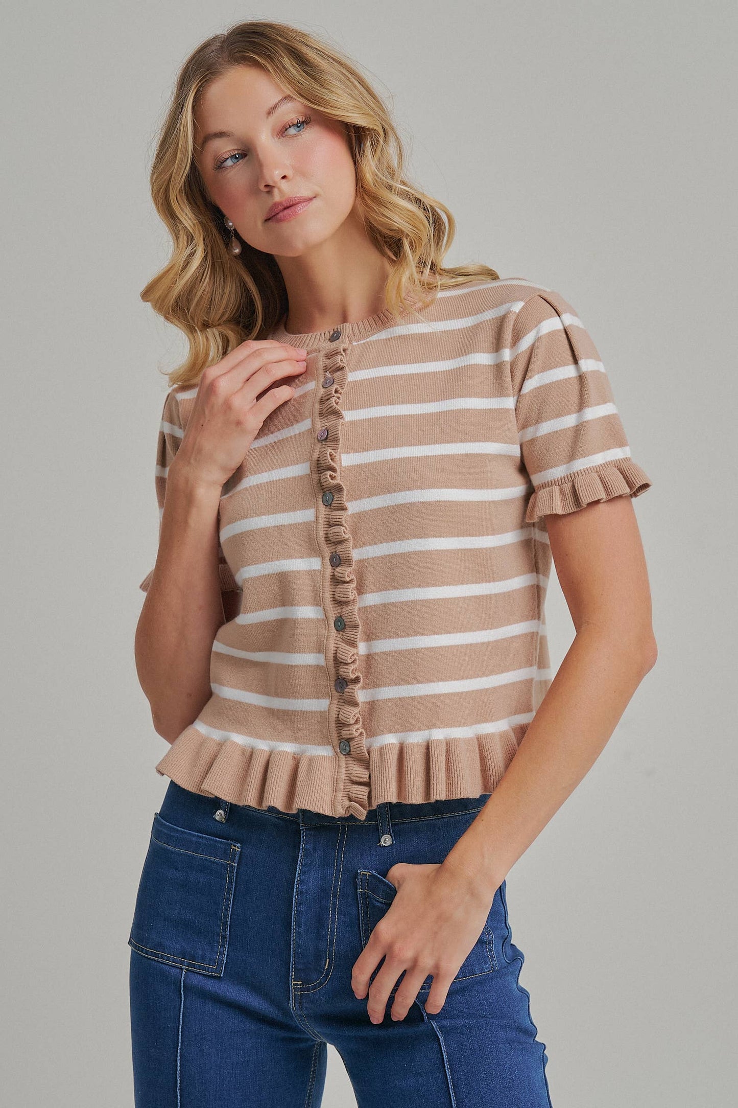 STRIPE KNITTED SWEATER BUTTON DOWN CARDIGAN TOP WITH RUFFLE