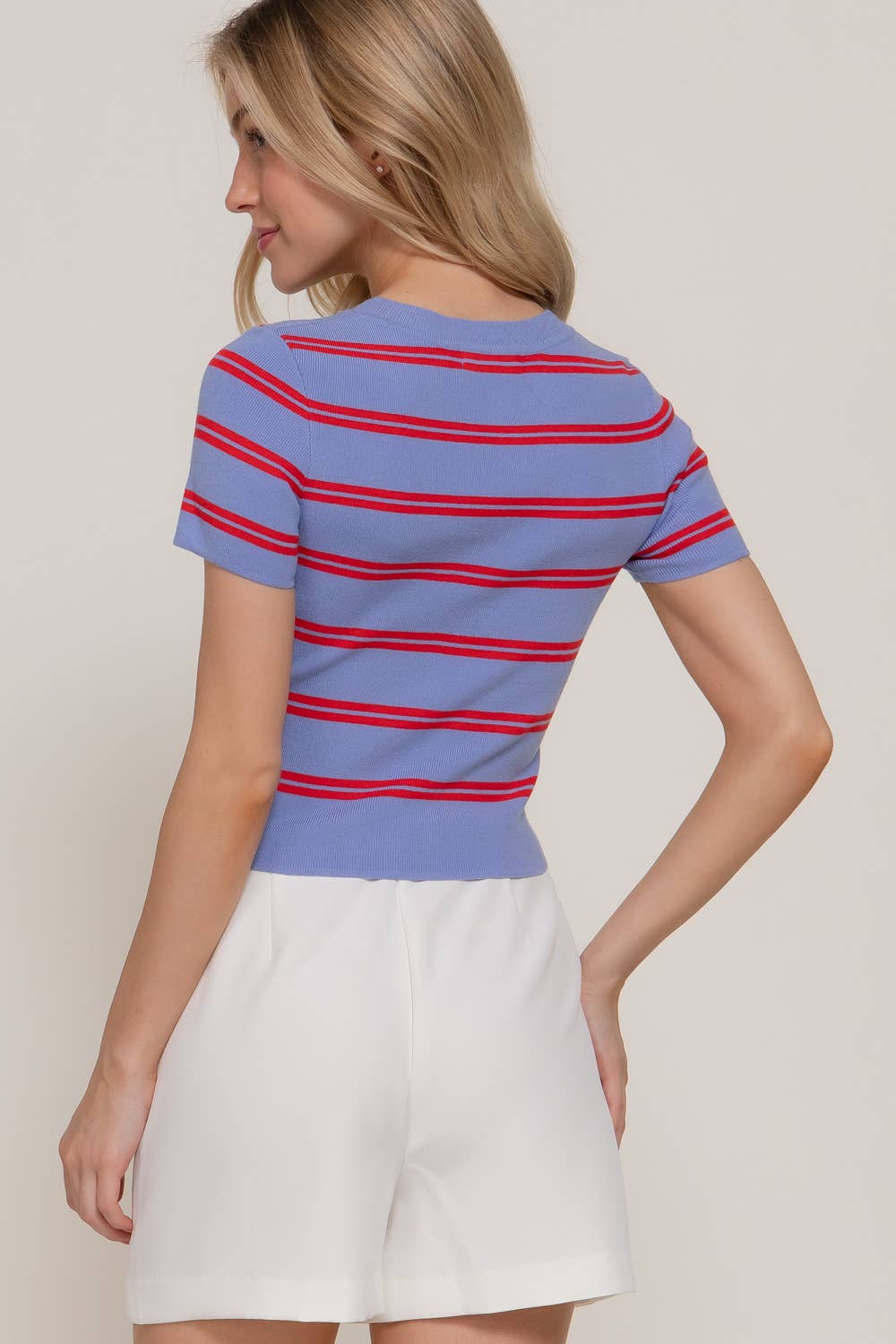Short Sleeve Crew Neck Striped Sweater