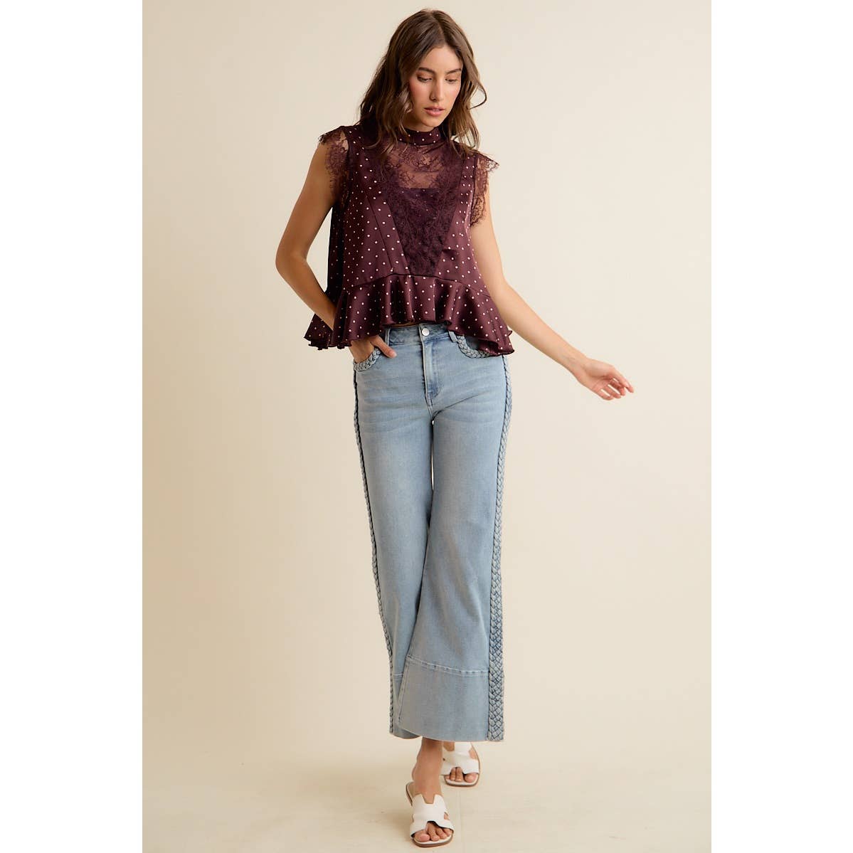 POLKA DOT LACE TRIM RUFFLED NECK BLOUSE