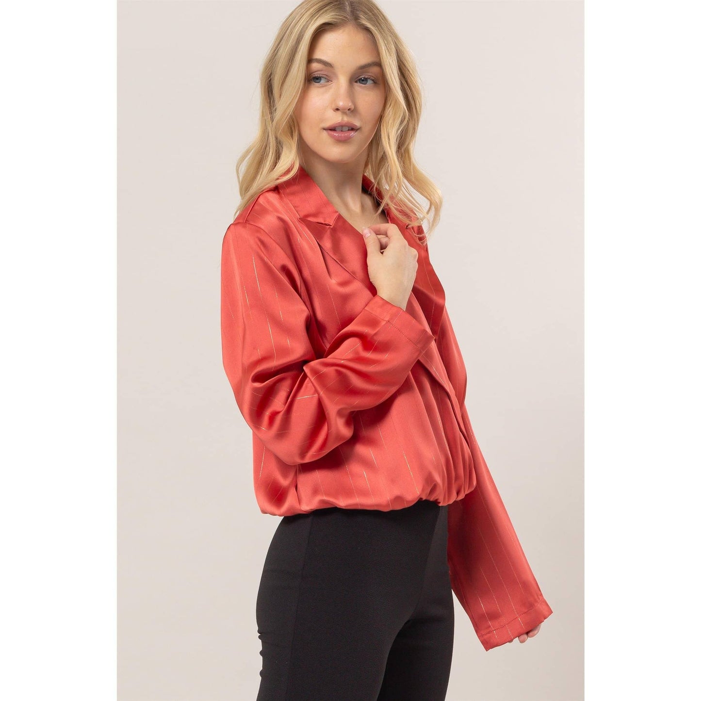 Lurex Striped Wrap Blouse Red