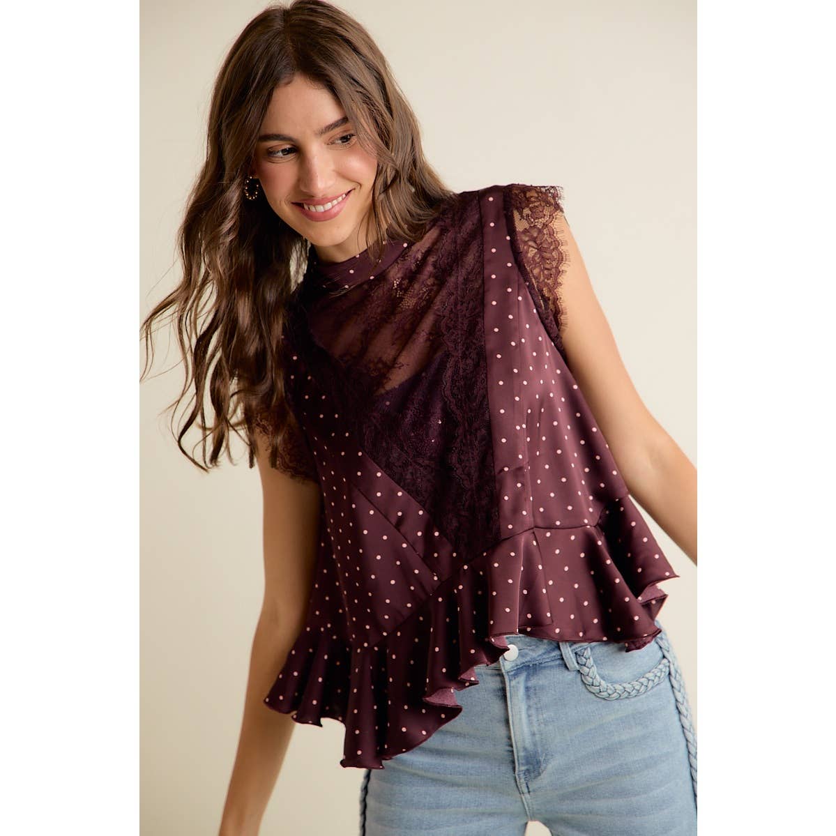 POLKA DOT LACE TRIM RUFFLED NECK BLOUSE