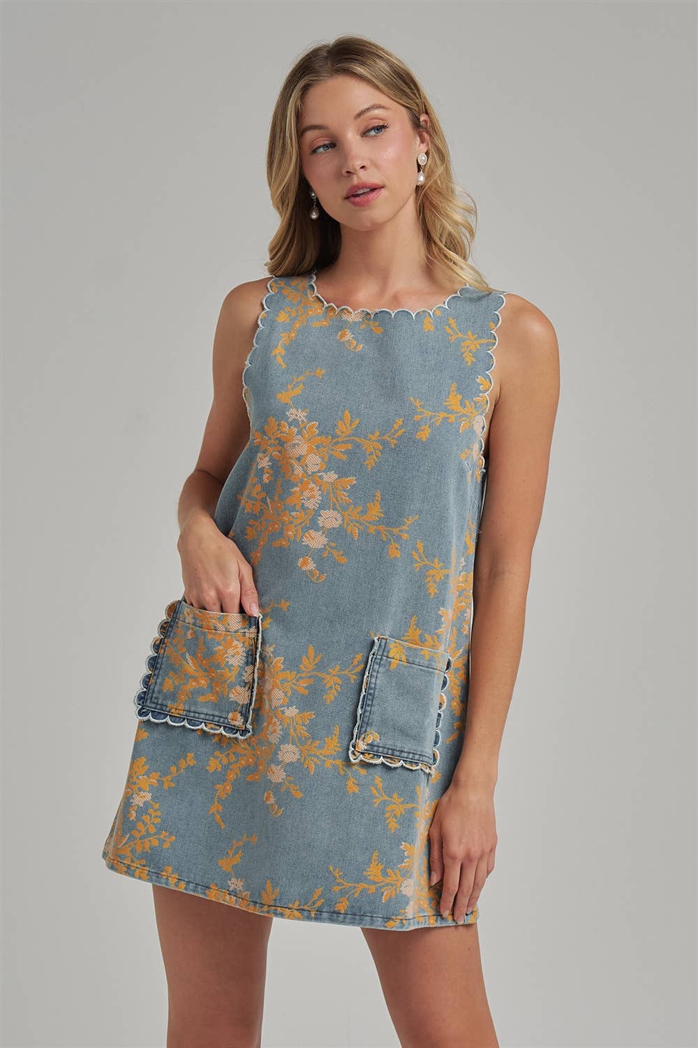 FLORAL DENIM MINI DRESS WITH SCALLOPED EMBROIDERY STITCHING