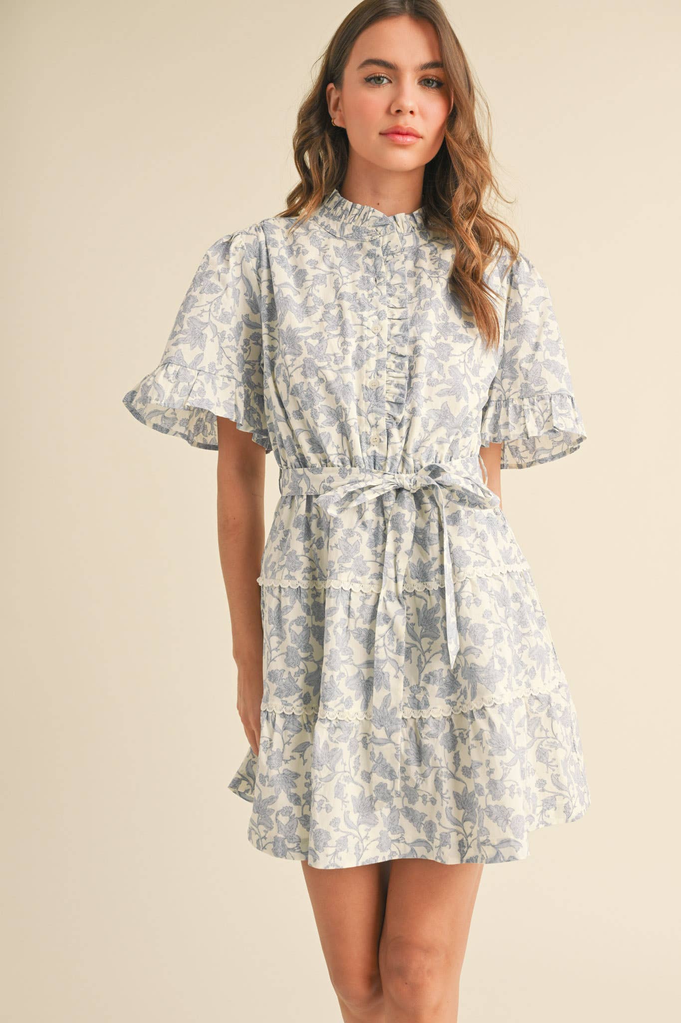RUFFLED BUTTON DOWN FLORAL MINI DRESS MDR3578