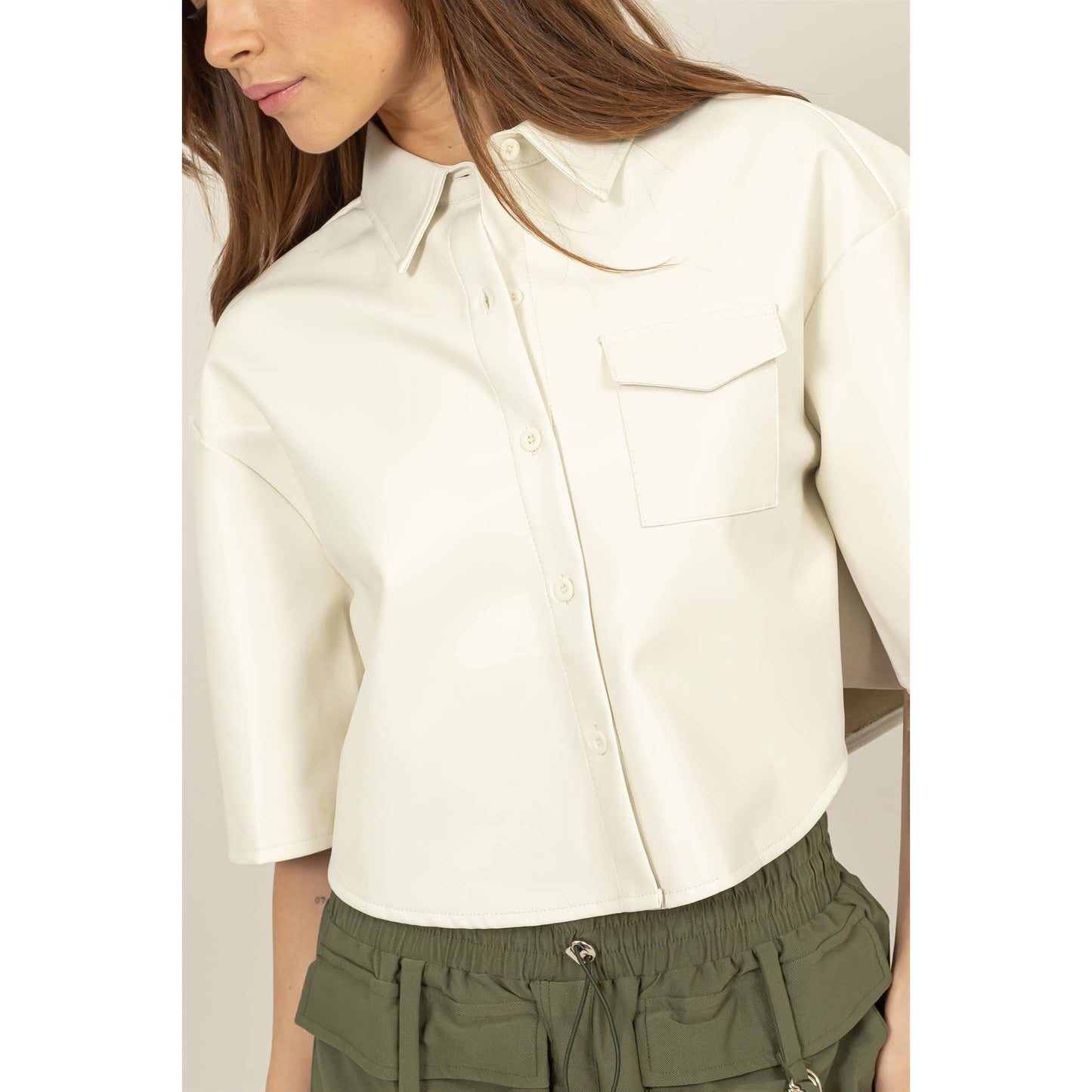 Faux Leather Button-Down Cropped Shirt Cream