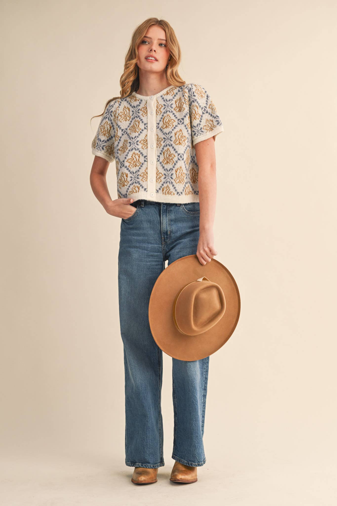 FLORAL SHORT SLEEVE SWEATER CARDIGAN Cream/Blue