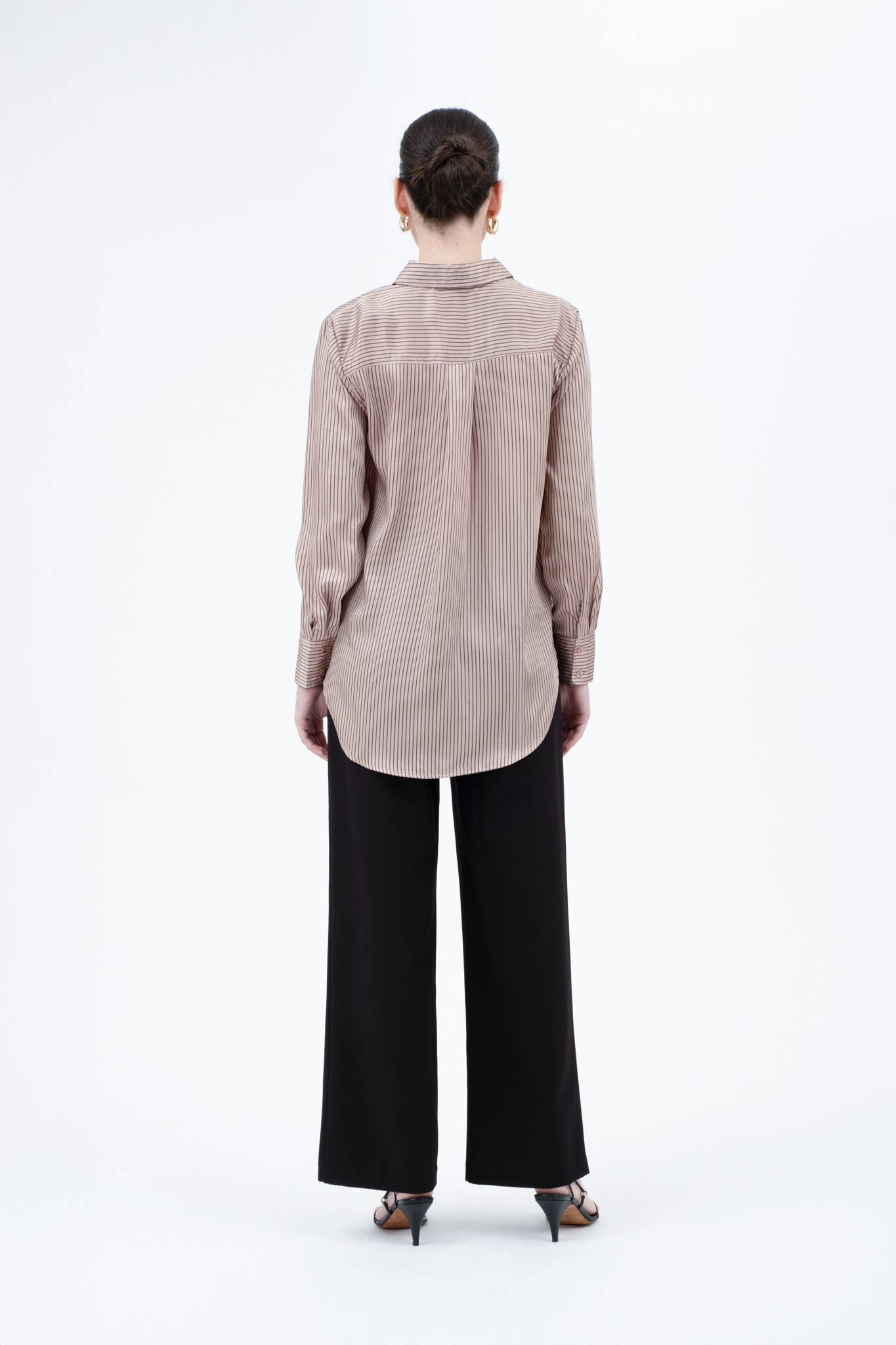 PINSTRIPE BUTTON DOWN LONG SLEEVE SATIN BLOUSE