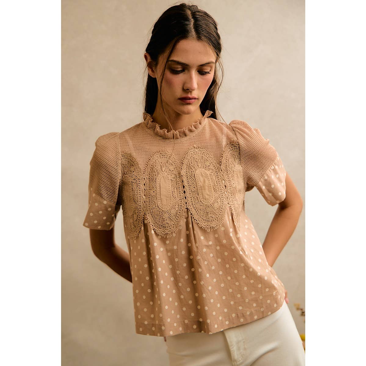 POLKA DOT PRINT LACE TRIM SHORT SLEEVES COTTON BLOUSE TOP