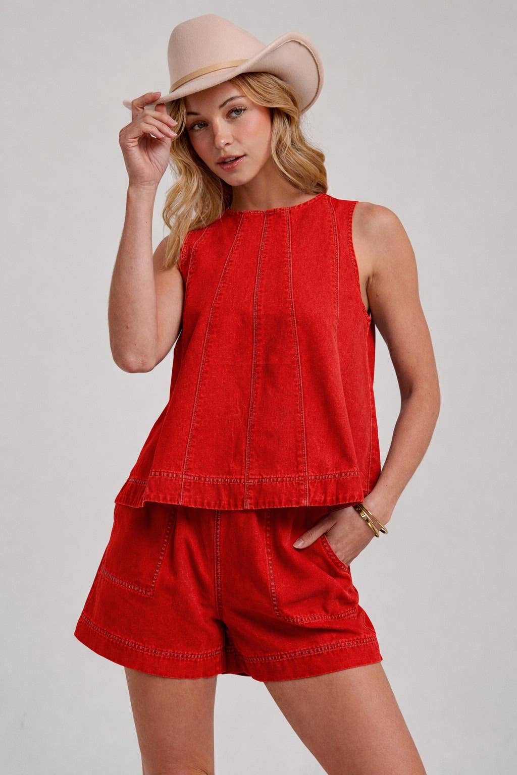 GAME DAY SLEEVELESS COLOR DENIM TOP AND MATCHING SHORTS SET