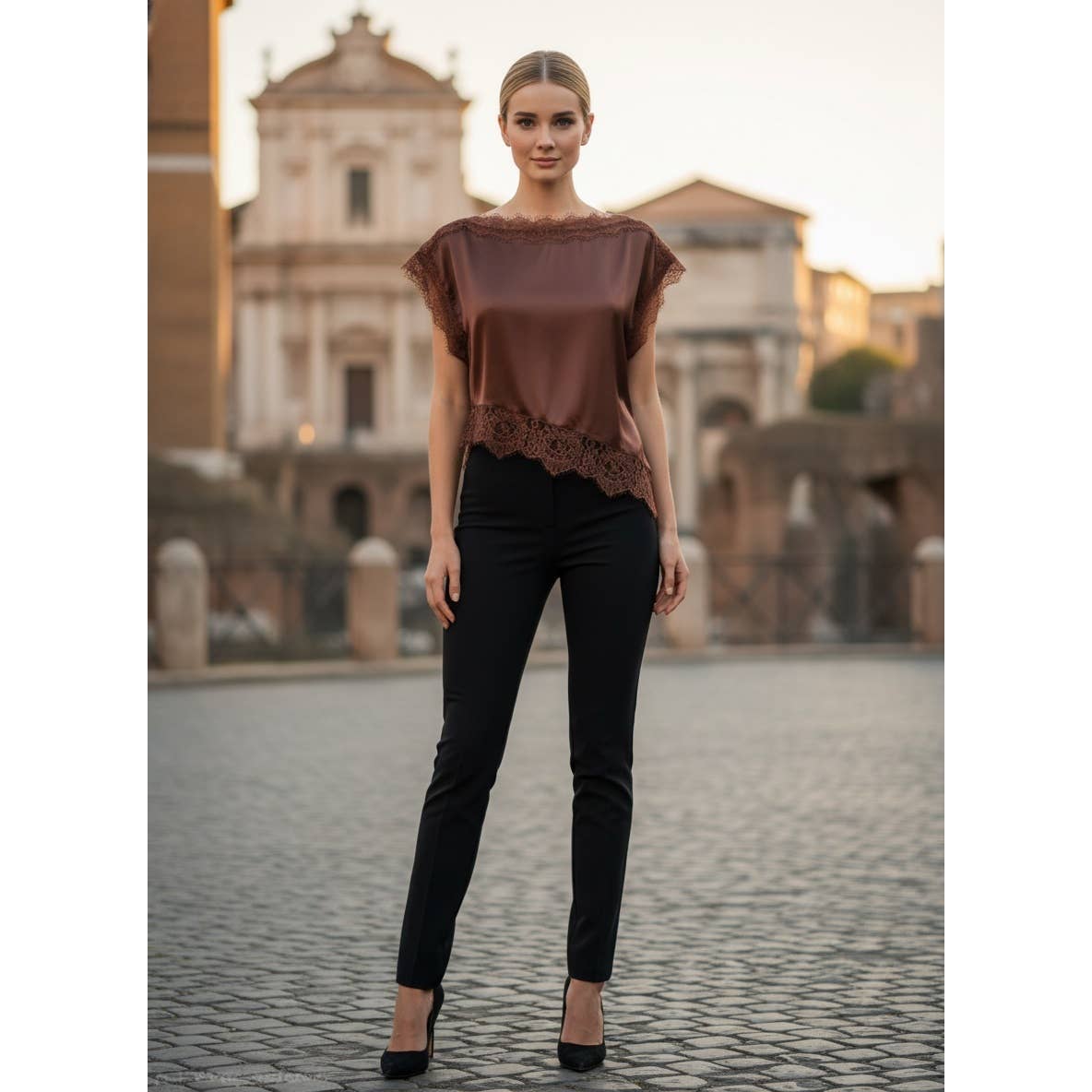 LACE TRIMMED SATIN ASYMMETRIC TOP