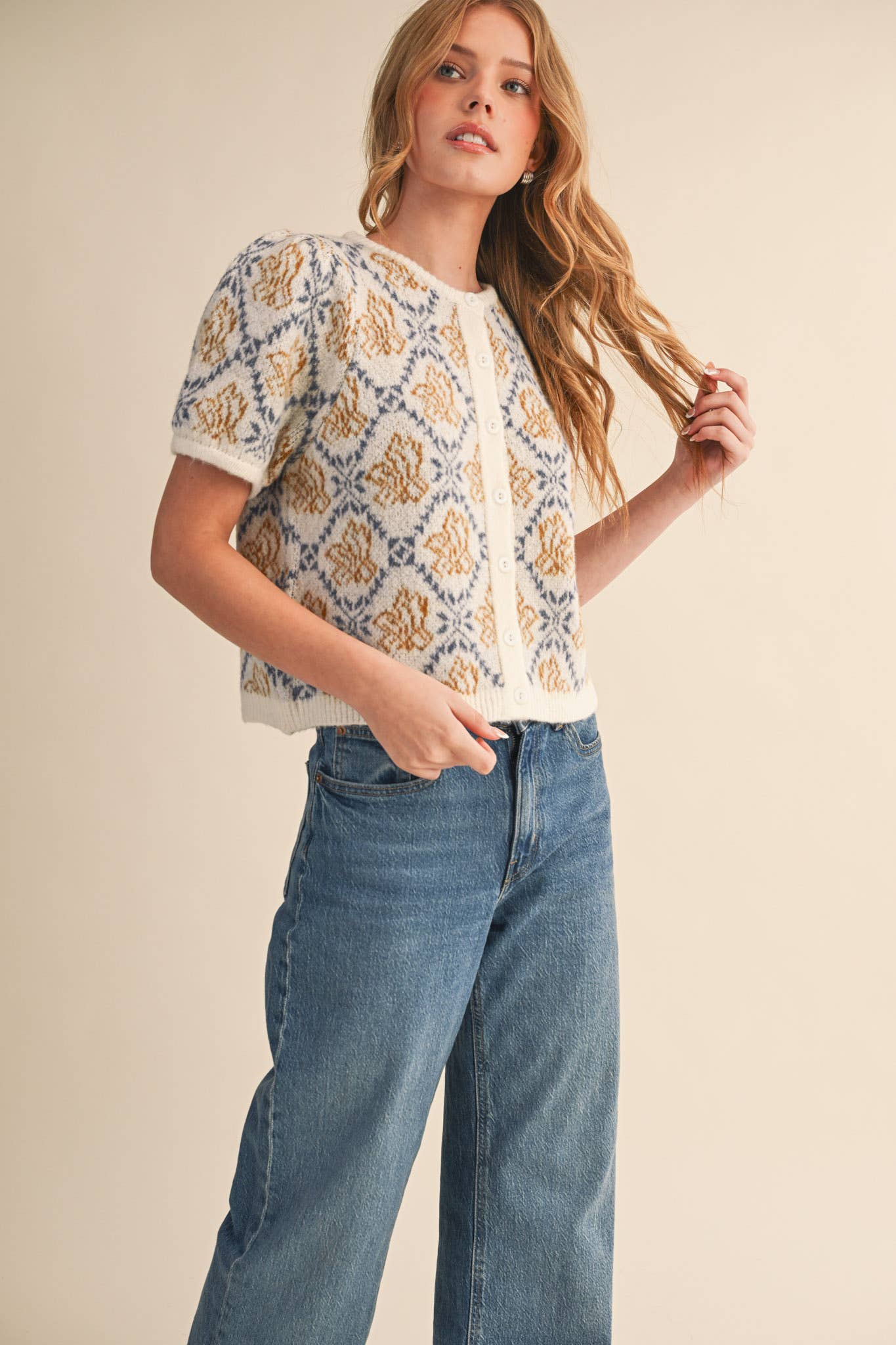 FLORAL SHORT SLEEVE SWEATER CARDIGAN Cream/Blue