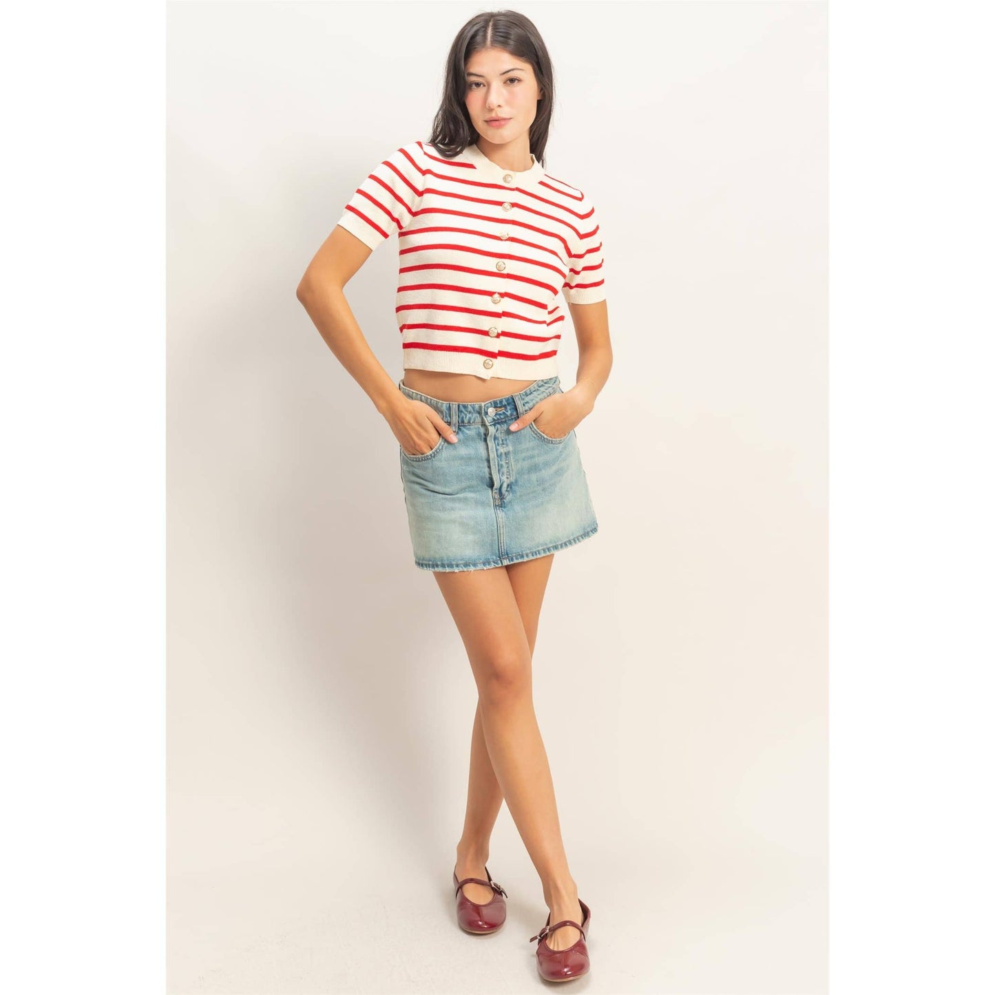 Striped Short Sleeve Button Up Cardigan