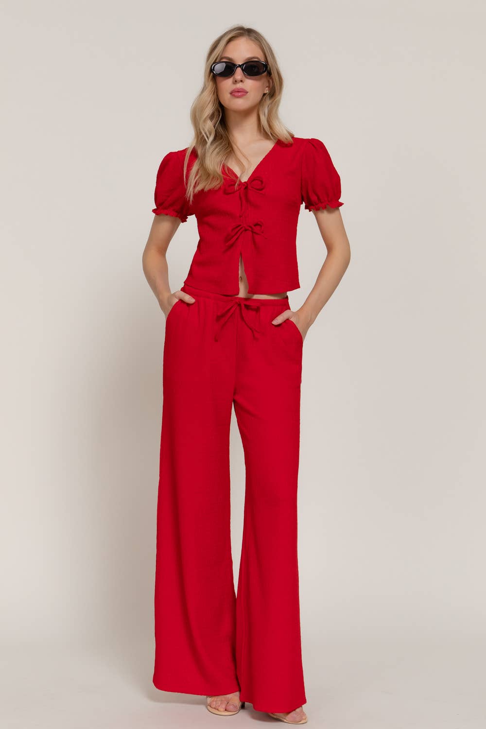 Short Sleeve V-Neck with Tie Top & Texture Knit Pants Set