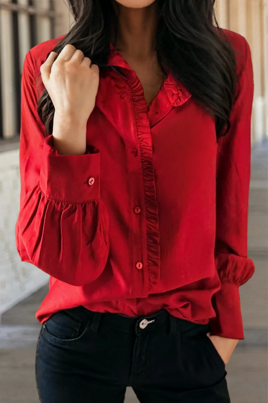 Red Sassy Frilled Trim Long Sleeve Shirt | S-XL