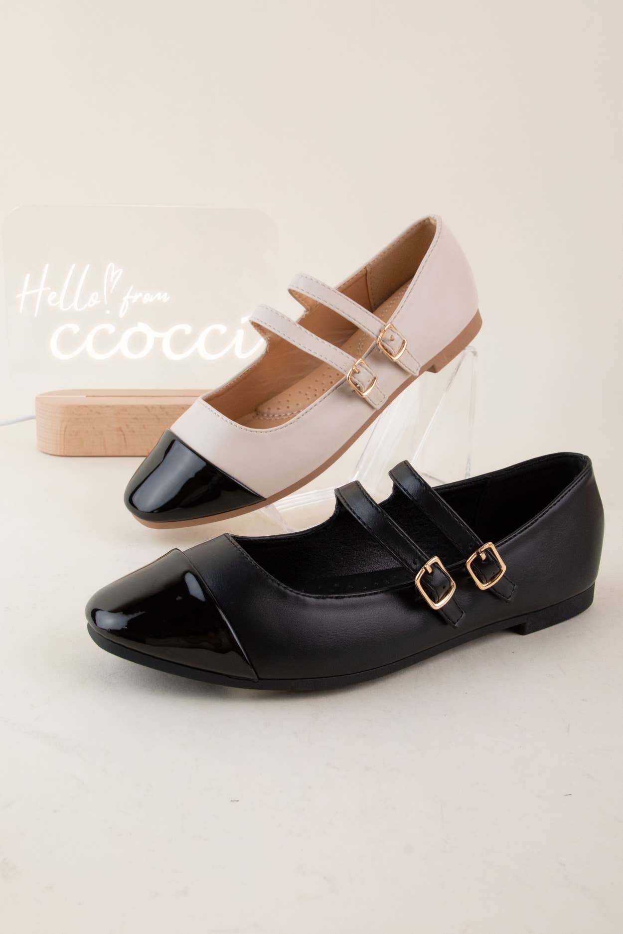 DOUBLE STRAP CAP TOE MARY JANE FLATS BLACK