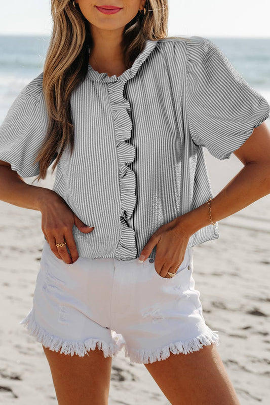 Texture Striped Ruffled Detail Shirt | S-XL