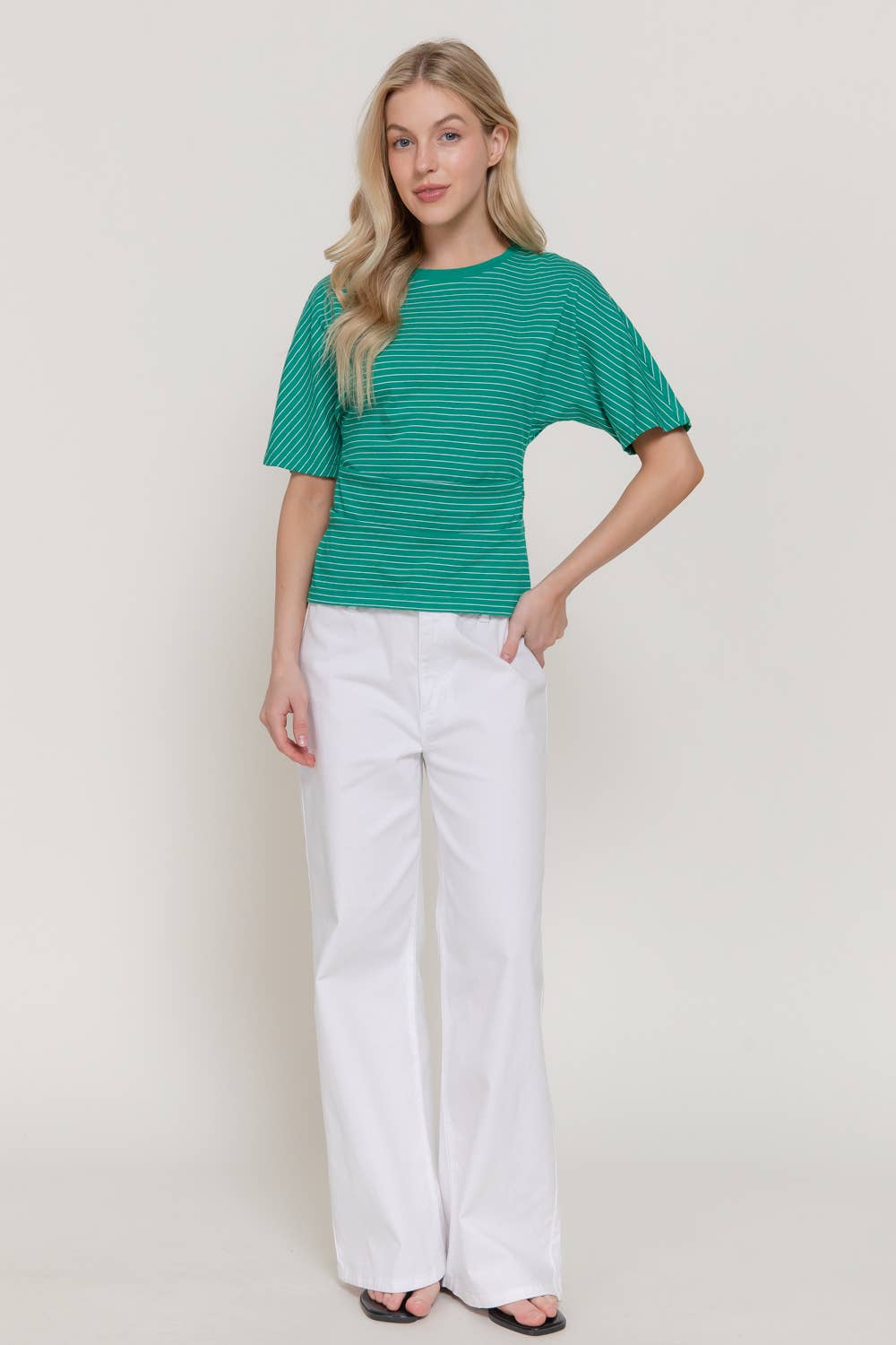 Short Dolman Sleeve Defined Silhouette Stripe Knit Top
