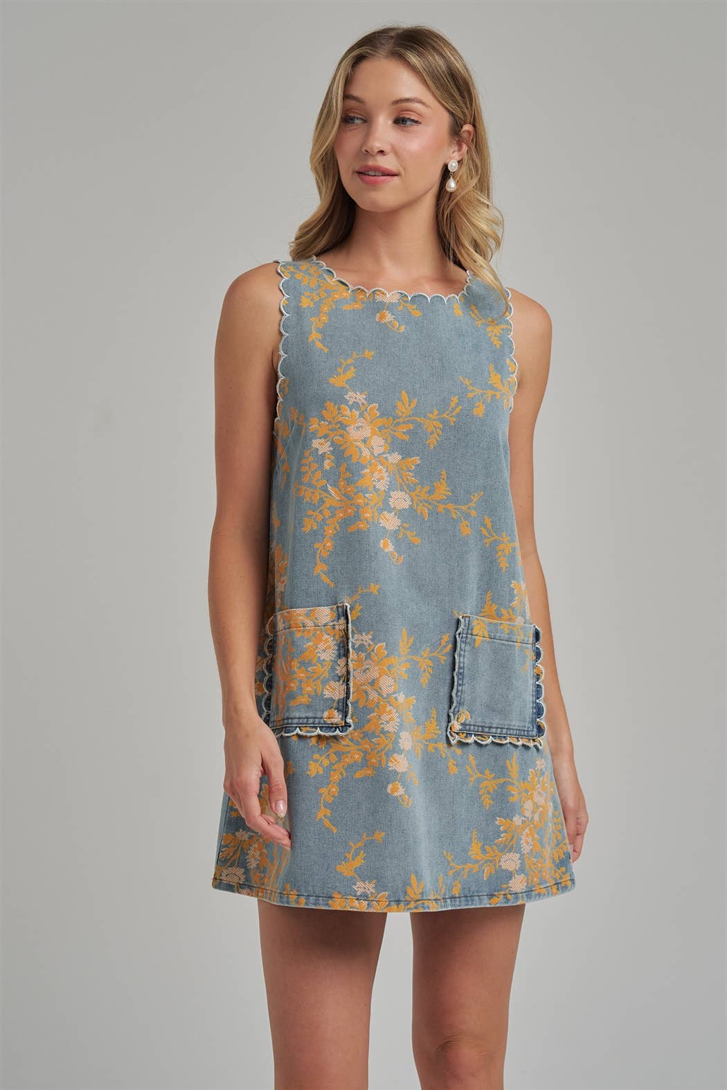 FLORAL DENIM MINI DRESS WITH SCALLOPED EMBROIDERY STITCHING