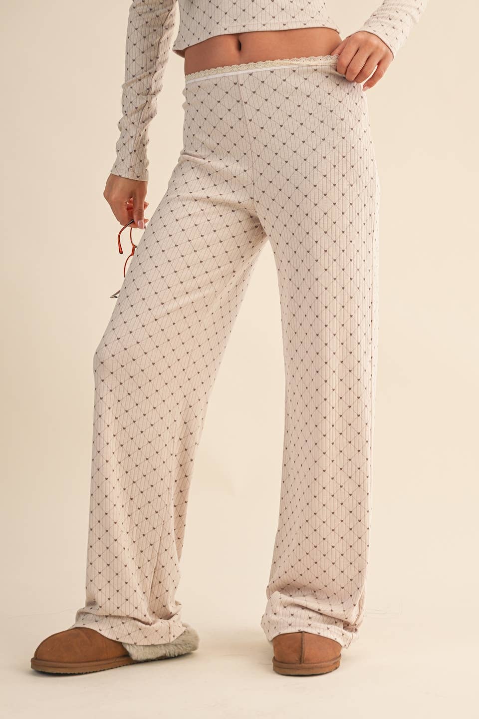 Heart Print Pointelle Lounge Set with Picot Lace Trim