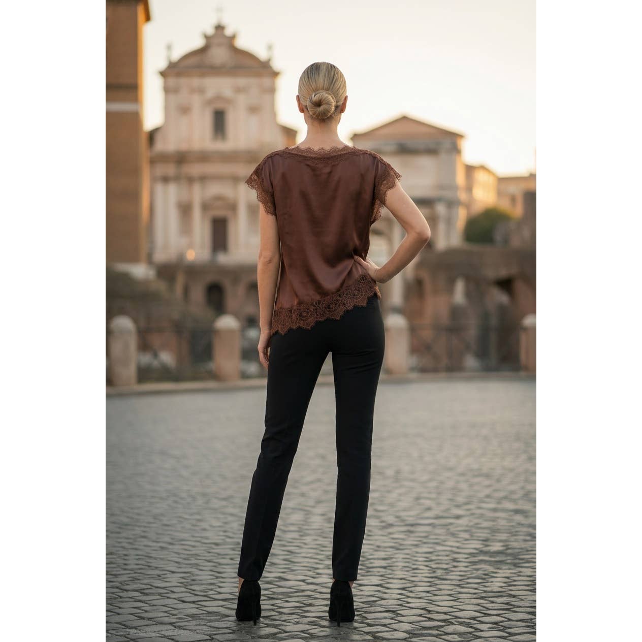 LACE TRIMMED SATIN ASYMMETRIC TOP