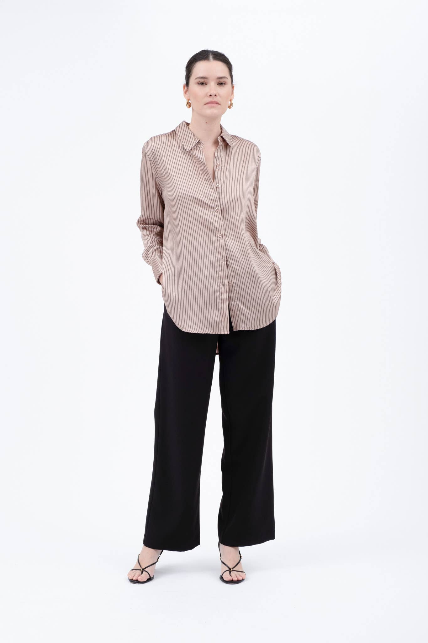 PINSTRIPE BUTTON DOWN LONG SLEEVE SATIN BLOUSE