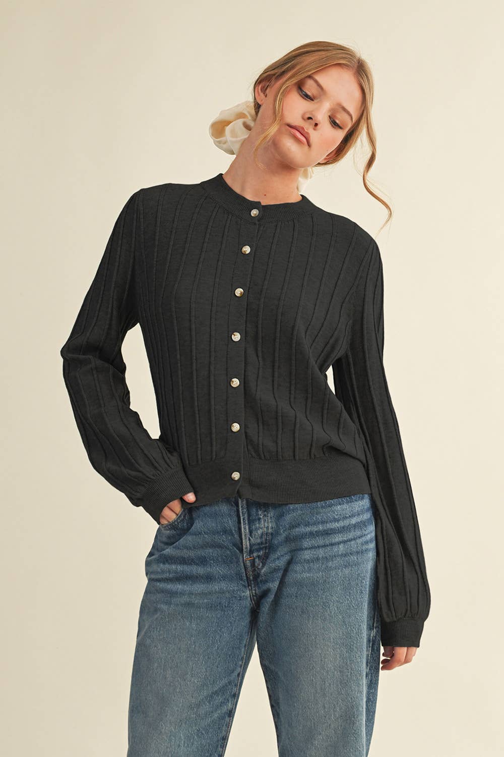RIBBED SWEATER CARDIGAN Black