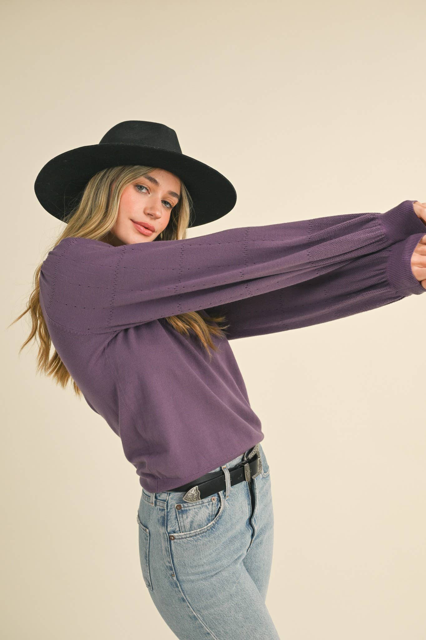 POINTELLE PUFF SLEEVE SWEATER MSW10115