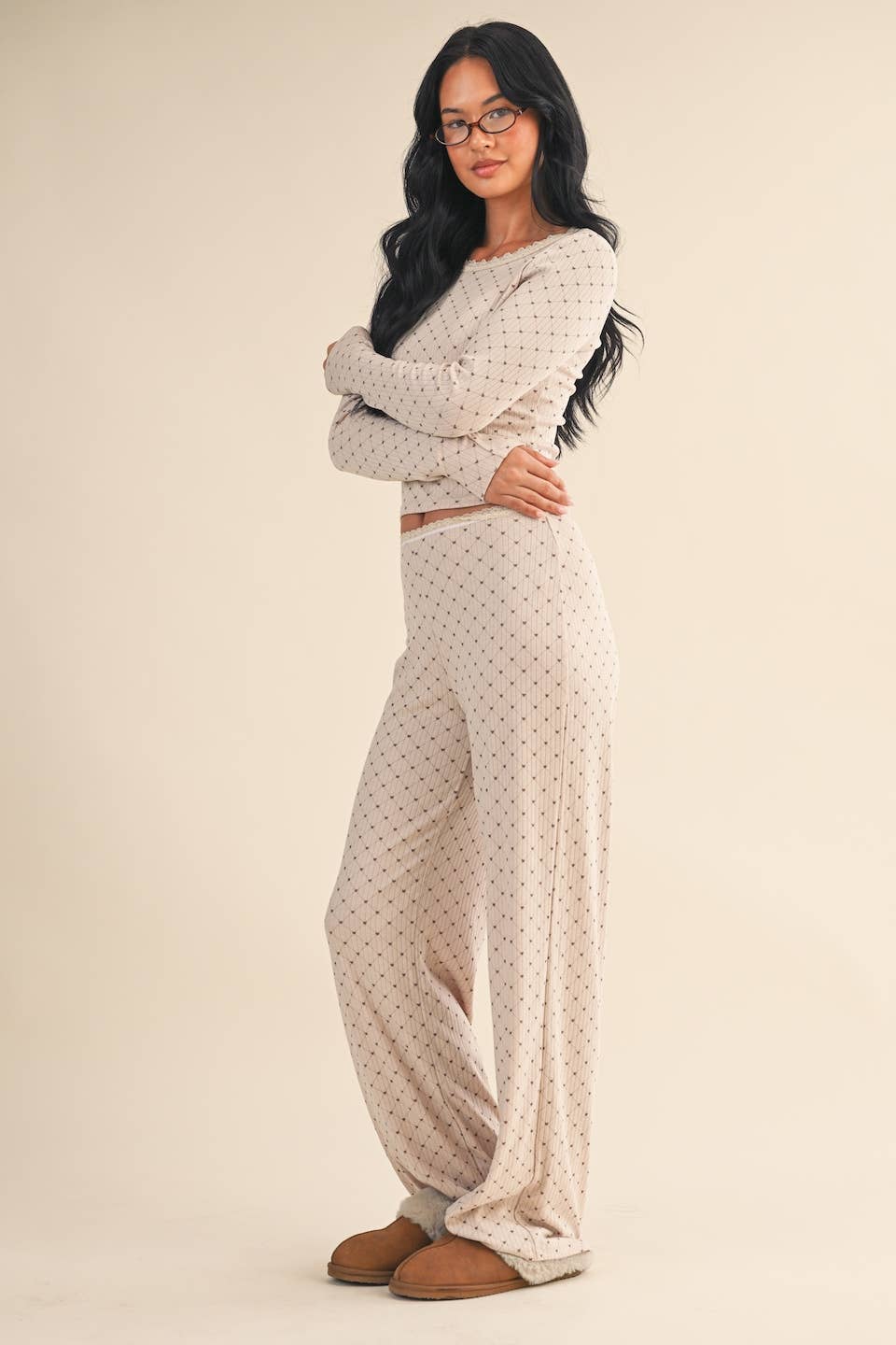 Heart Print Pointelle Lounge Set with Picot Lace Trim