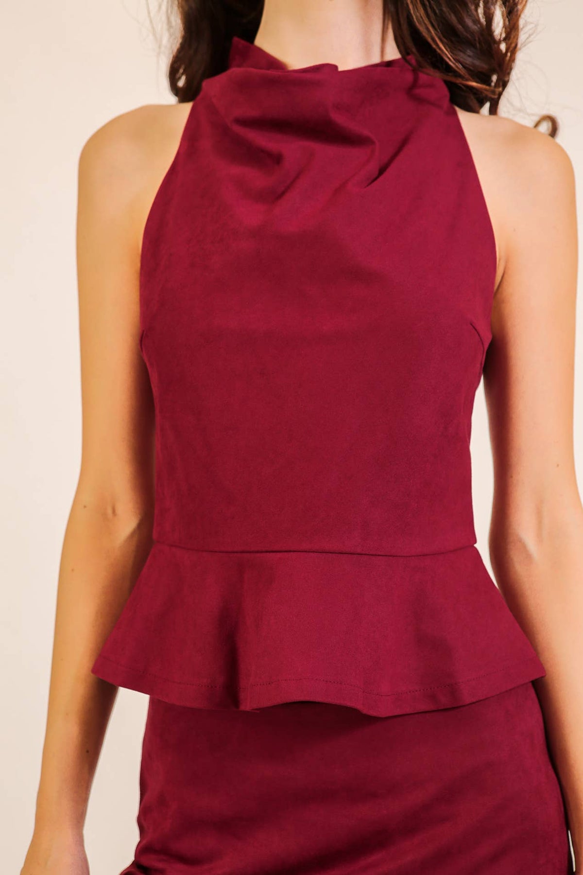 Faux Suede Mock Neck Peplum Top